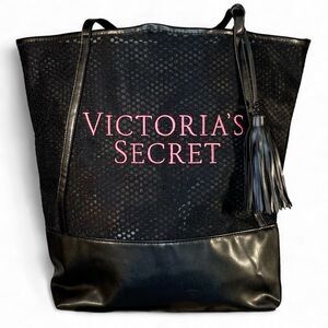 Victoria's Secret Black Mesh Tote Bag Pink Embroidered Letters Dual Handle